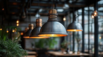 Industrial Style Pendant Lights Hanging Over Restaurant Tables