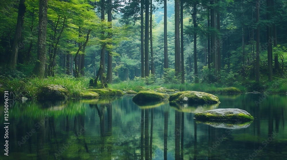 Poster tranquil forest reflection in a peaceful body of water surrounded by trees : generative ai