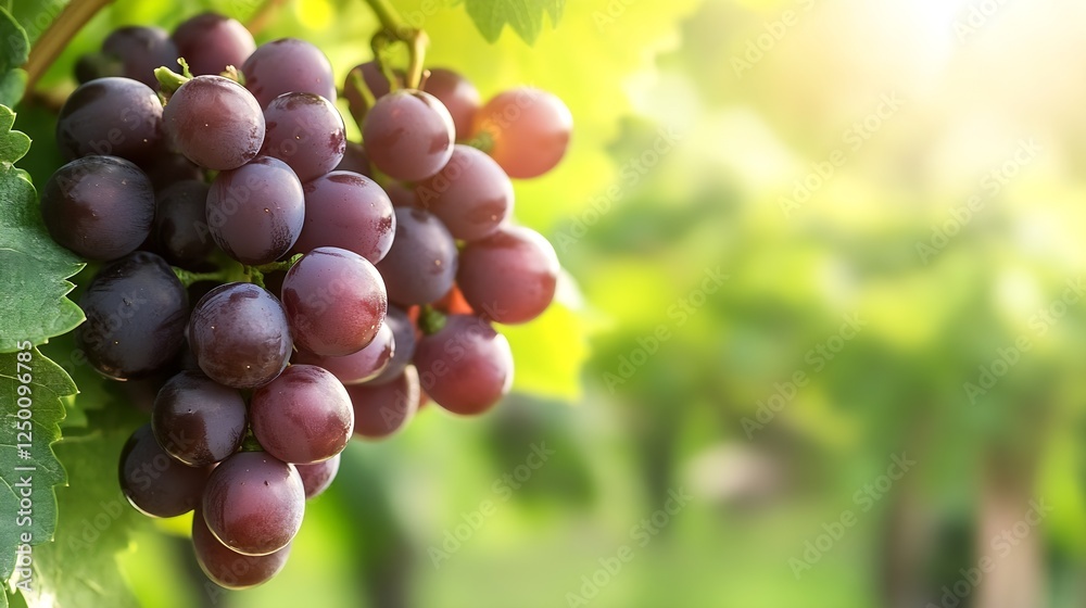 Poster clusters of fresh purple grapes hanging on vine with sunlight in the background : generative ai