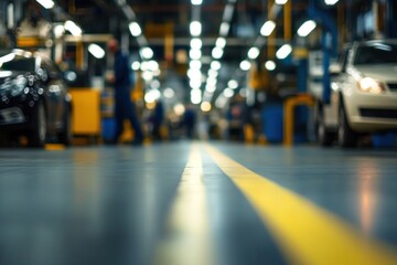 Blurred Factory Floor: Automotive Production Line