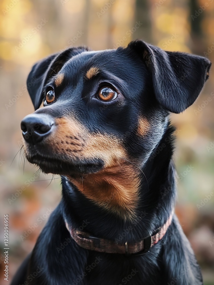 Poster close up portrait of a playful dog with bright eyes and a curious expression in a natural outdoor se