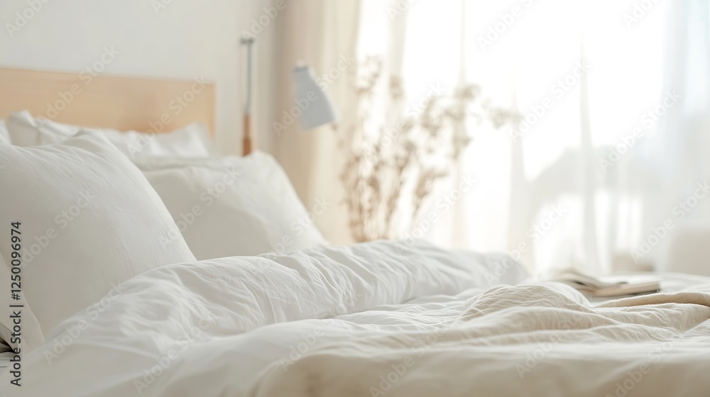 Aufkleber cozy and inviting bedroom space with soft bedding and natural light : generative ai