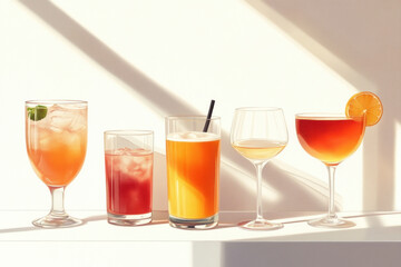 Row of colorful drinks on a table at a vibrant party.