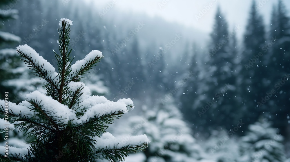 Poster Fresh Pine Tree Branch Covered in Snow in a Quiet Forest Scene : Generative AI