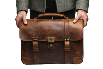 A person holding a vintage leather briefcase, symbolizing professionalism and style. Perfect for business-related themes and corporate imagery.