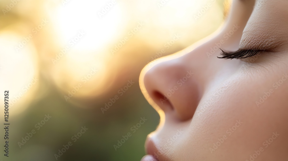 Poster serene close up of woman's face during golden hour capturing peaceful moment of reflection and calmn