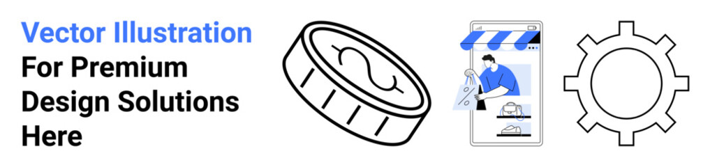 Metallic coin, gear shape, and storefront with creative tools highlight commerce, design, and innovation. Ideal for ecommerce, business, technology, creativity design branding startups flat