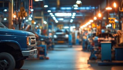 Blue Truck in a Blurred Auto Repair Shop