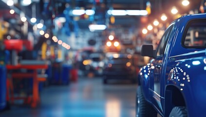 Obraz premium Blue Pickup Truck in Factory Assembly Line