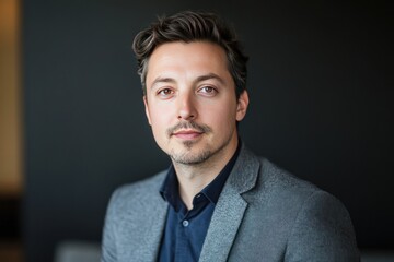 Obraz premium Portrait of a young, handsome man in a gray blazer, looking directly at the camera.