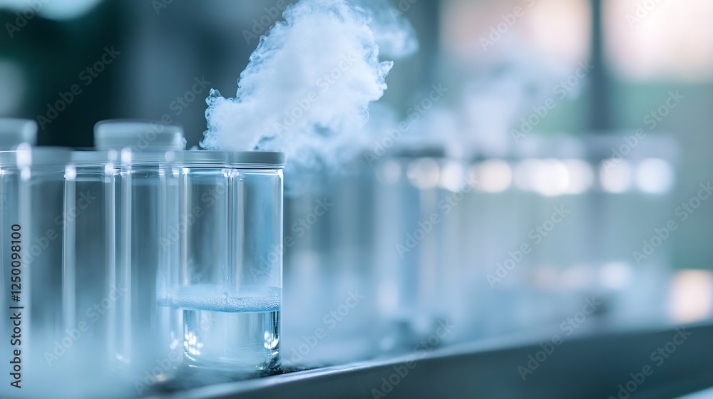 Poster scientific experiment with vapor rising from glass containers in modern laboratory environment : gen