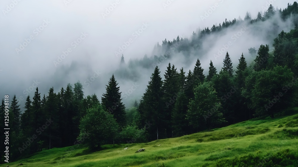 Poster mystical foggy forest landscape with evergreen trees and lush green grass : generative ai