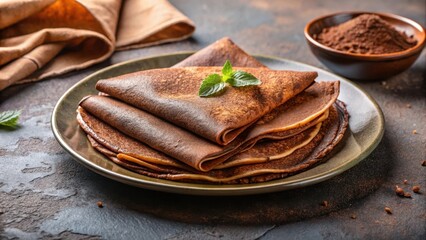 A plate of delicate crepes filled with rich chocolate and topped with a generous amount of fresh cocoa powder