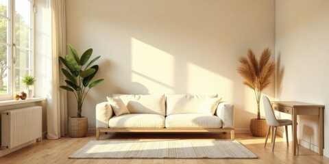 Fototapeta premium Serene Minimalist Living Room Interior Design Featuring a Comfortable Sofa, Natural Light, and Stylish Decor