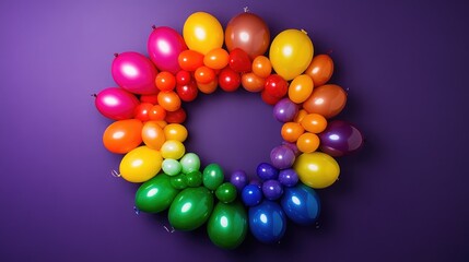 Glossy rainbow letter balloons arranged in a circular pattern against a deep purple background, unique copy space.