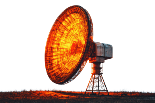 A powerful satellite dish emitting an intense orange glow, symbolizing communication technology and its impact on modern connectivity.