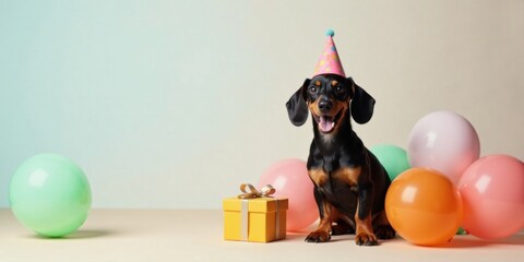 A joyful dachshund celebrates a special occasion with pastel balloons and a gift