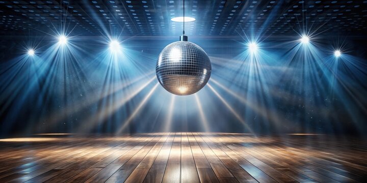 A single spotlight shines down on an empty dance floor with a mirrored ball hanging from the ceiling, creating a sense of drama and anticipation , center stage, performance area