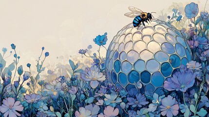 Serene blue bee delicately perched on shimmering honeycomb amidst wildflowers bathed in soft light. AI Generated
