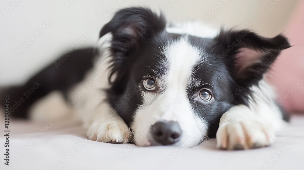 Poster Adorable border collie dog portrait with expressive eyes resting on a soft surface in a cozy environment : Generative AI