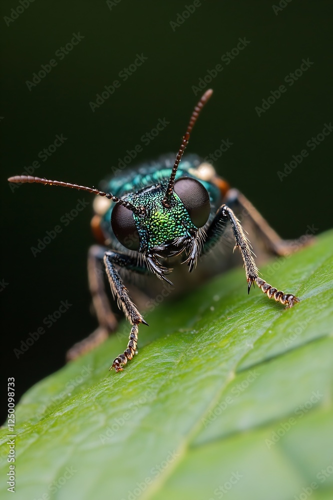 Poster Close-up shot of a vibrant green metallic bug perched on a leaf with sharp focus and detailed texture : Generative AI