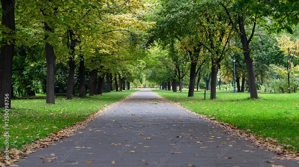 Poster picturesque autumn pathway lined with trees showcasing vibrant fall foliage and a peaceful atmospher