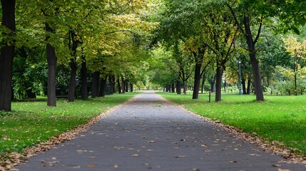 Picturesque autumn pathway lined with trees showcasing vibrant fall foliage and a peaceful atmosphere : Generative AI