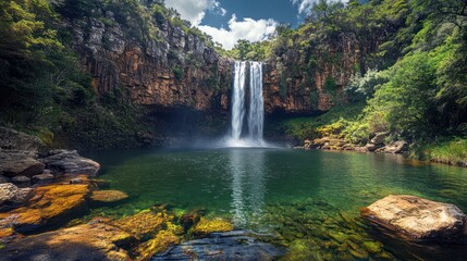 Waterfall cascading into serene pool, lush rainforest backdrop, nature photography