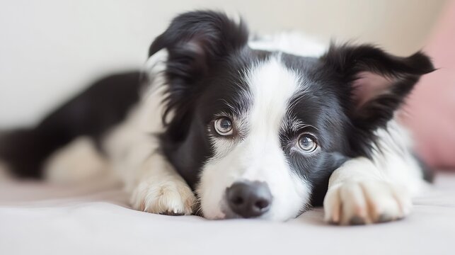 Adorable border collie dog portrait with expressive eyes resting on a soft surface in a cozy environment : Generative AI