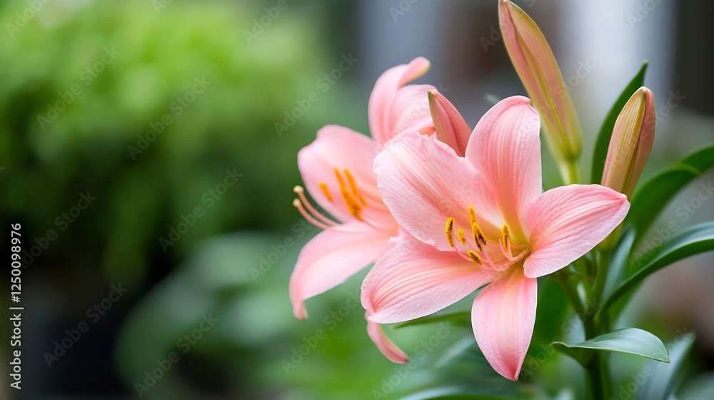 Poster gorgeous pink lilies in bloom with soft focus background and natural light for a fresh indoor atmosp