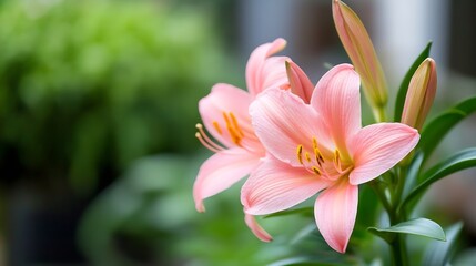 Obraz premium Gorgeous Pink Lilies in Bloom with Soft Focus Background and Natural Light for a Fresh Indoor Atmosphere : Generative AI