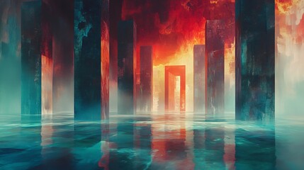 Fototapeta premium Dark towers reflect in glowing teal water creating a surreal fiery cityscape. AI Generated