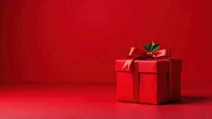 Obraz premium A single red gift box with a satin ribbon and sprig, elegantly presented against a matching backdrop.