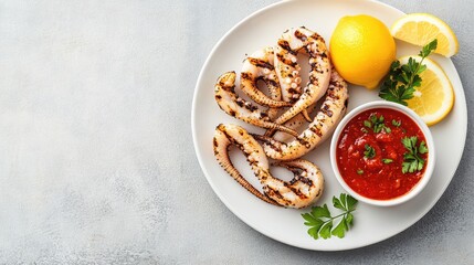 Grilled squid with seafood dipping sauce on a pristine white plate, with ample space on the side for brand labels or promotional text.