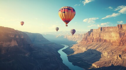 Obraz premium Hot air balloons hovering above a scenic canyon, grand open sky for copy space usage.