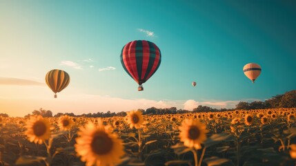 Naklejka premium Hot air balloons hovering over a sunflower field, clear sky offering plenty of copy space.