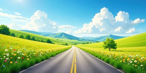 Asphalt road stretching towards vibrant green hills under a sunny sky, bordered by wildflowers