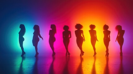 Obraz premium Silhouettes of eight women in vibrant colored lighting.