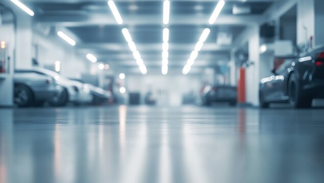 Underground Parking Garage with Blurred Cars and Reflective Floor