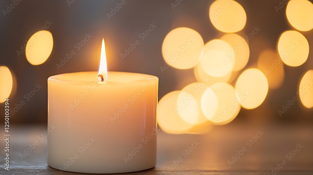 Poster soothing white candle with flickering flame surrounded by soft bokeh lights : generative ai