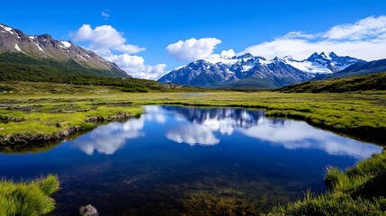 Naklejka premium Breathtaking panoramic view of a serene lake surrounded by majestic mountains under a clear blue sky : Generative AI