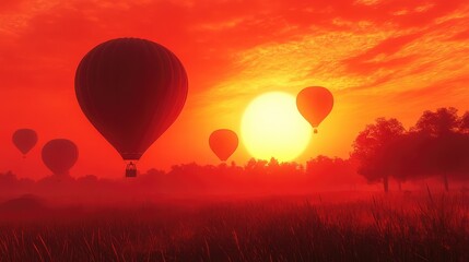 Fototapeta premium Multiple hot air balloons seen from a low angle against a radiant sunrise, vibrant sky with a gradient background offering copy space.