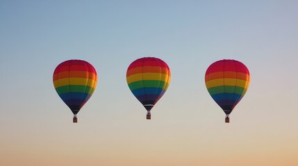 Obraz premium Rainbow balloons seen from a low angle against the vast sky, dramatic perspective with clear copy space.
