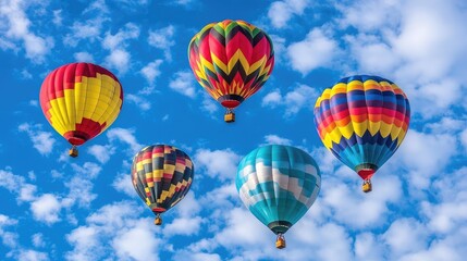 Obraz premium Rainbow balloons seen from a low angle against the vast sky, dramatic perspective with clear copy space.