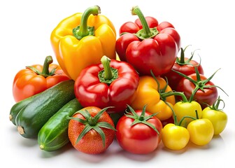 Juicy tomatoes and vibrant vegetables burst against a crisp white backdrop, perfect for your next project.