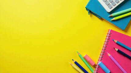 Vibrant Yellow Background Featuring Colorful Stationery Supplies for Creative Projects and Note-Taking