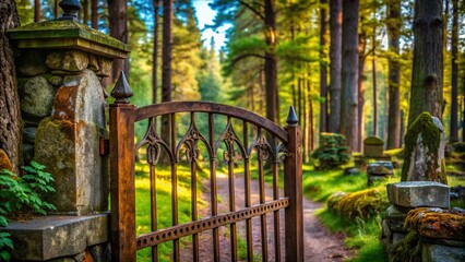 Abandoned Cemetery Gate: Rustic Steel & Wood Entrance to Historic Burial Ground in Summer