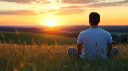 Silhouette of a man meditating in a field during a beautiful sunset : Generative AI