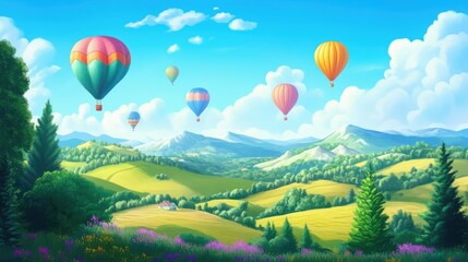 Fototapeta premium Vibrant balloons floating above rolling hills, perfect balance of color and copy space.