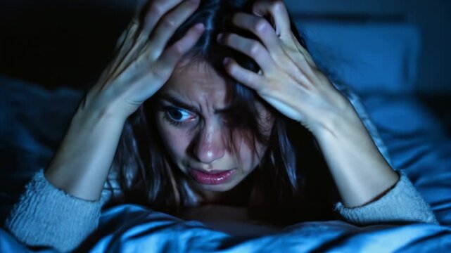Scared Awakening: Woman Frightened by Nightmare in Silent Night